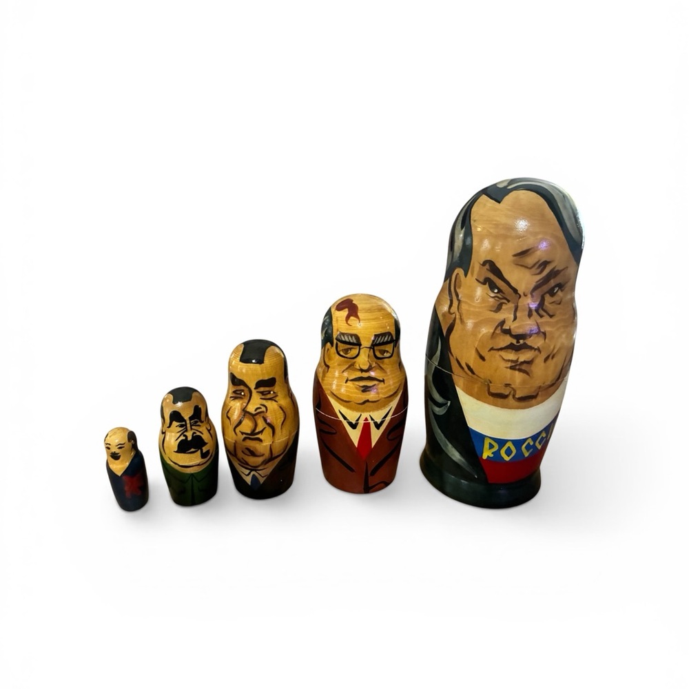 Hand-Painted Political Matryoshka Nesting Dolls in Brown and Black